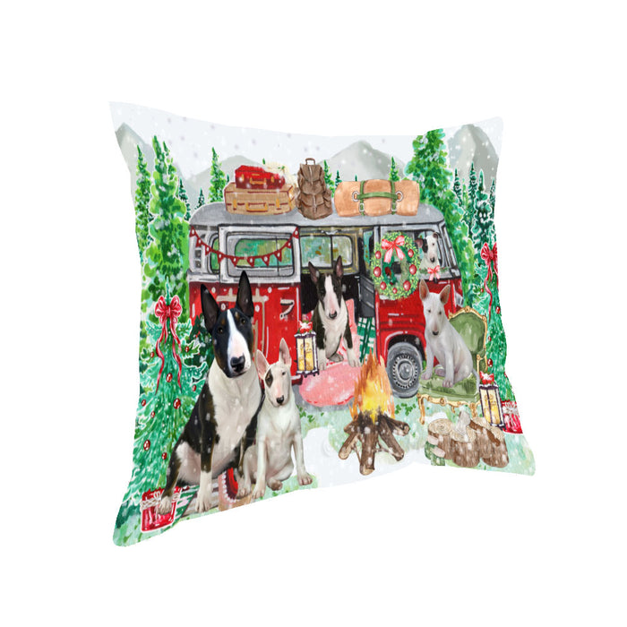 Christmas Time Camping with Bull Terrier Dogs Pillow with Top Quality High-Resolution Images - Ultra Soft Pet Pillows for Sleeping - Reversible & Comfort - Ideal Gift for Dog Lover - Cushion for Sofa Couch Bed - 100% Polyester