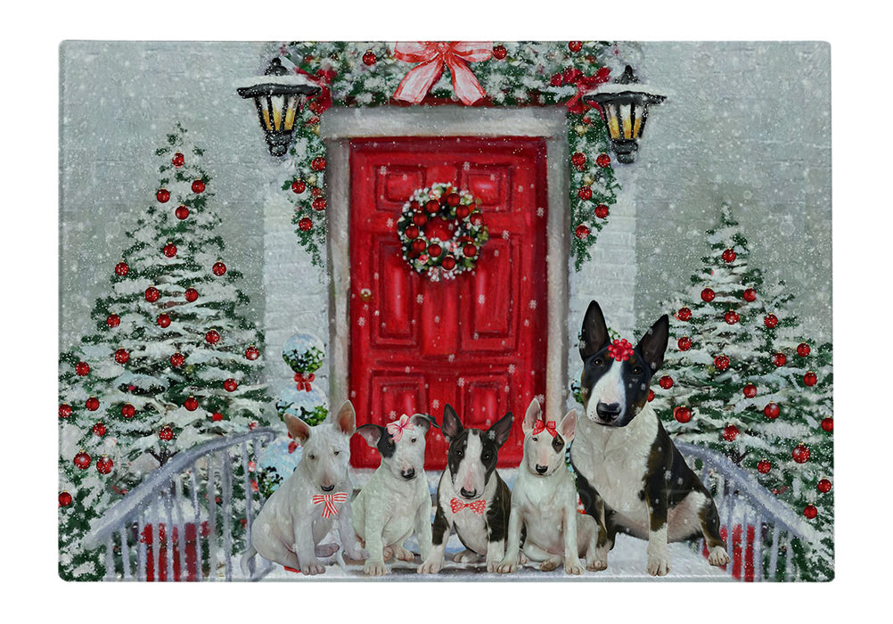 Christmas Holiday Welcome Bull Terrier Dogs Cutting Board - For Kitchen - Scratch & Stain Resistant - Designed To Stay In Place - Easy To Clean By Hand - Perfect for Chopping Meats, Vegetables