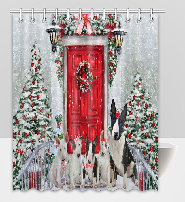 Christmas Holiday Welcome Bull Terrier Dogs Shower Curtain Pet Painting Bathtub Curtain Waterproof Polyester One-Side Printing Decor Bath Tub Curtain for Bathroom with Hooks
