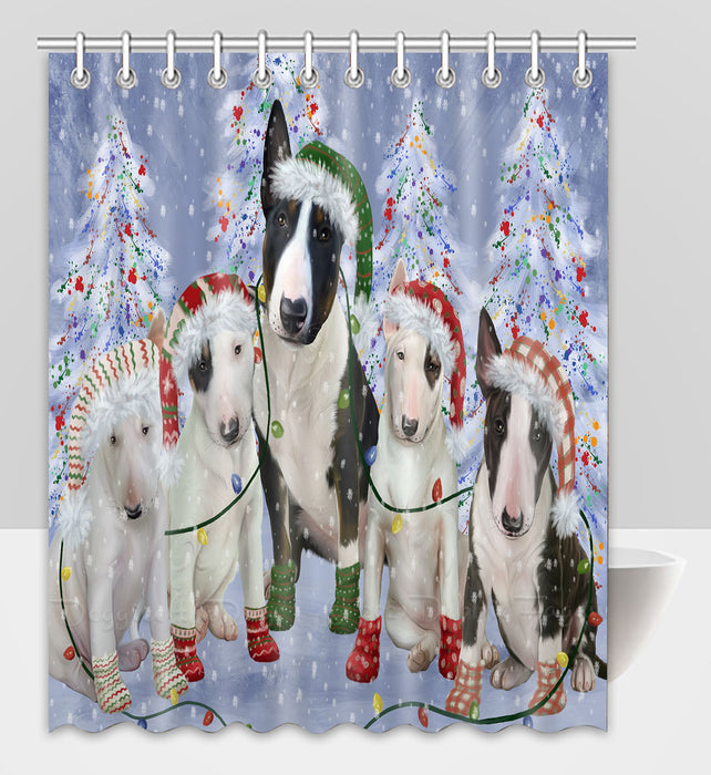 Christmas Lights and Bull Terrier Dogs Shower Curtain Pet Painting Bathtub Curtain Waterproof Polyester One-Side Printing Decor Bath Tub Curtain for Bathroom with Hooks