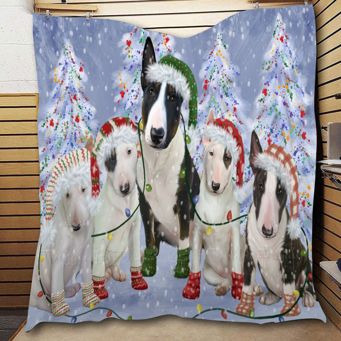 Christmas Lights and Bull Terrier Dogs  Quilt Bed Coverlet Bedspread - Pets Comforter Unique One-side Animal Printing - Soft Lightweight Durable Washable Polyester Quilt