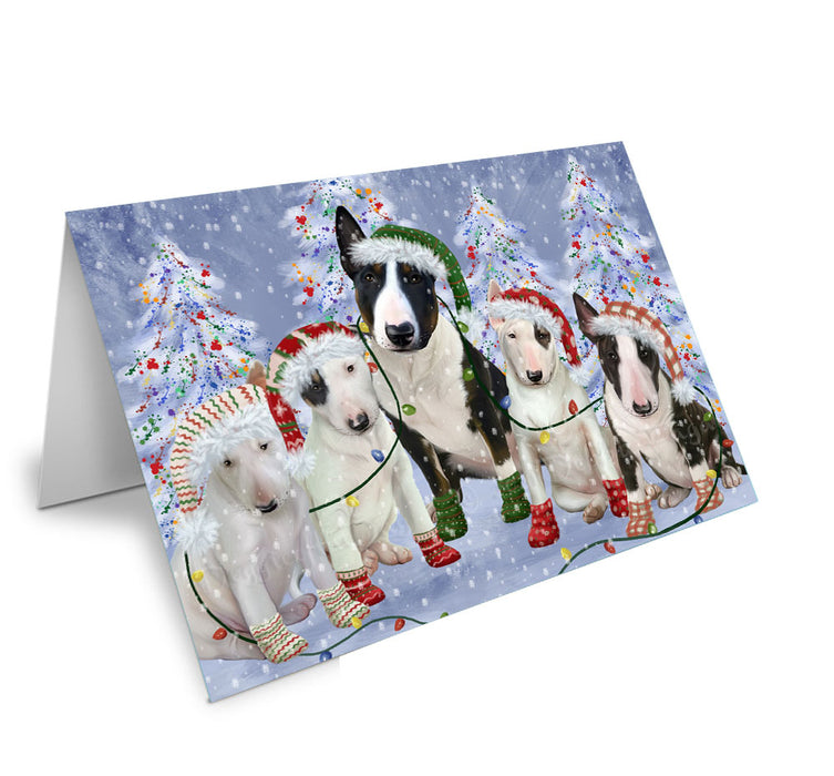 Christmas Lights and Bull Terrier Dogs Handmade Artwork Assorted Pets Greeting Cards and Note Cards with Envelopes for All Occasions and Holiday Seasons