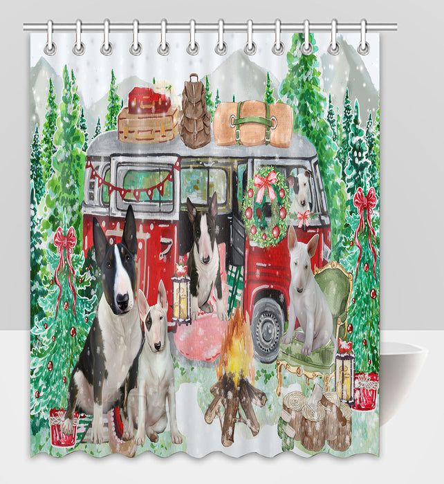 Christmas Time Camping with Bull Terrier Dogs Shower Curtain Pet Painting Bathtub Curtain Waterproof Polyester One-Side Printing Decor Bath Tub Curtain for Bathroom with Hooks