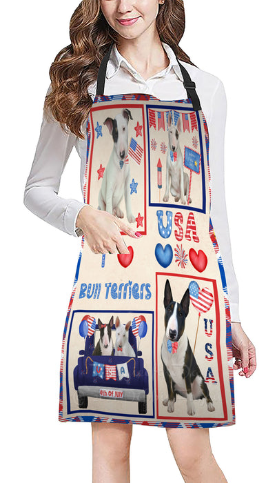4th of July Independence Day I Love USA Bull Terrier Dogs Apron - Adjustable Long Neck Bib for Adults - Waterproof Polyester Fabric With 2 Pockets - Chef Apron for Cooking, Dish Washing, Gardening, and Pet Grooming