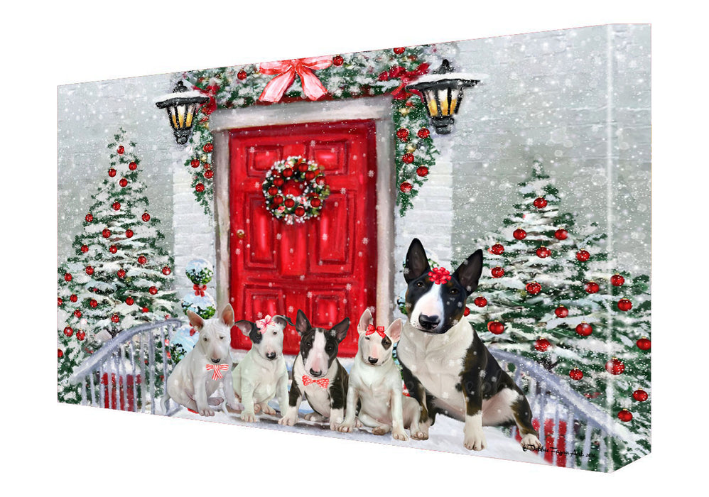 Christmas Holiday Welcome Bull Terrier Dogs Canvas Wall Art - Premium Quality Ready to Hang Room Decor Wall Art Canvas - Unique Animal Printed Digital Painting for Decoration