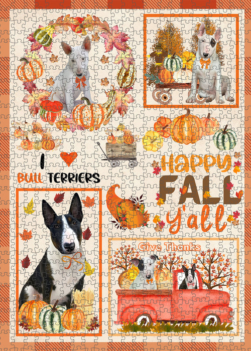 Happy Fall Y'all Pumpkin Bull Terrier Dogs Portrait Jigsaw Puzzle for Adults Animal Interlocking Puzzle Game Unique Gift for Dog Lover's with Metal Tin Box
