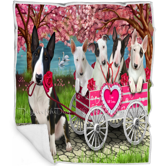 I Love Bull Terrier Dogs in a Cart Art Portrait Print Woven Throw Sherpa Plush Fleece Blanket