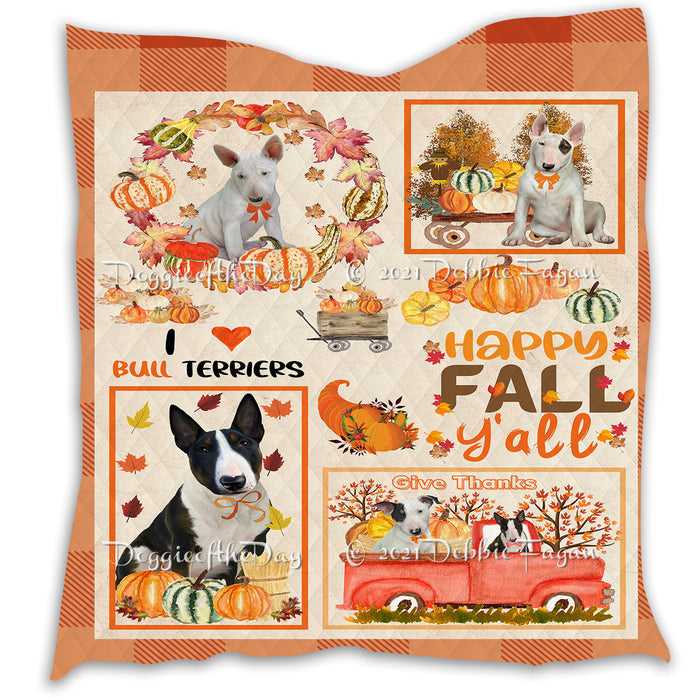 Happy Fall Y'all Pumpkin Bull Terrier Dogs Quilt Bed Coverlet Bedspread - Pets Comforter Unique One-side Animal Printing - Soft Lightweight Durable Washable Polyester Quilt