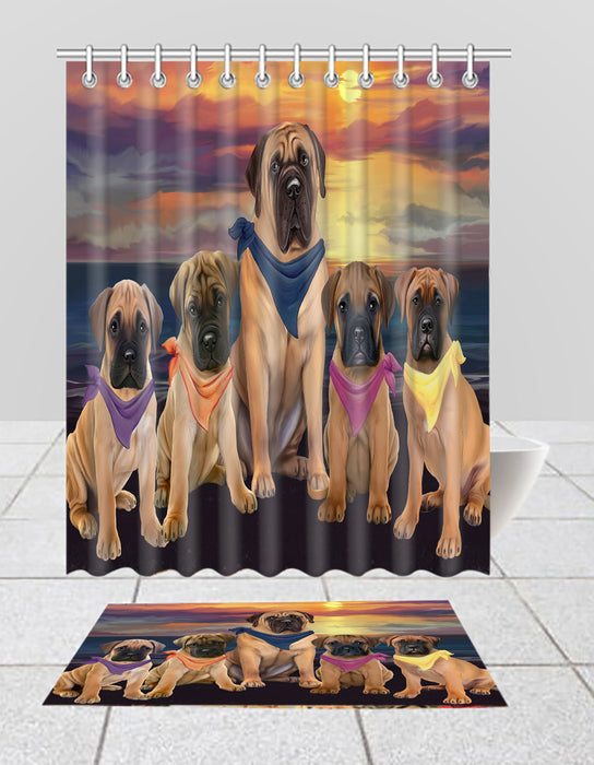 Family Sunset Portrait Bullmastiff Dogs Bath Mat and Shower Curtain Combo