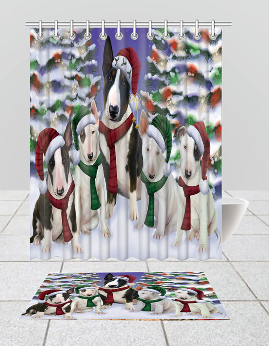 Bull Terrier Dogs Christmas Family Portrait in Holiday Scenic Background  Bath Mat and Shower Curtain Combo