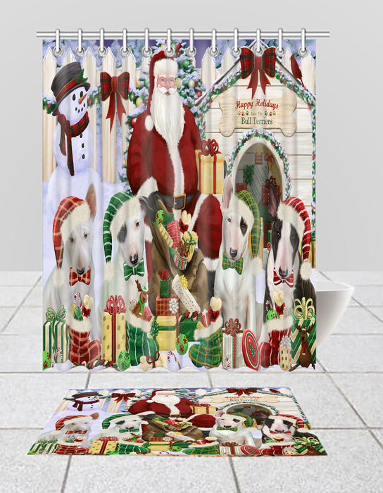 Happy Holidays Christmas Bull Terrier Dogs House Gathering Bath Mat and Shower Curtain Combo