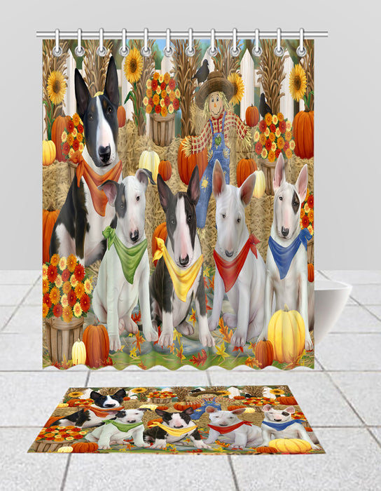 Fall Festive Harvest Time Gathering Bull Terrier Dogs Bath Mat and Shower Curtain Combo
