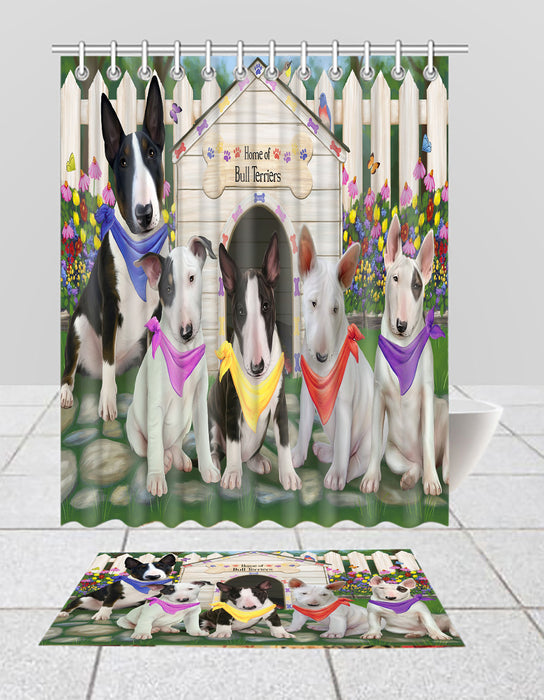 Spring Dog House Bull Terrier Dogs Bath Mat and Shower Curtain Combo