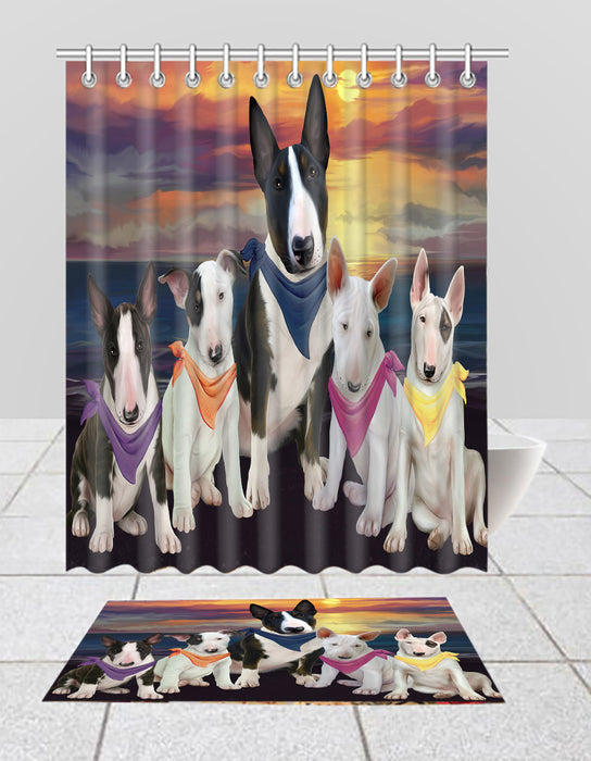 Family Sunset Portrait Bull Terrier Dogs Bath Mat and Shower Curtain Combo
