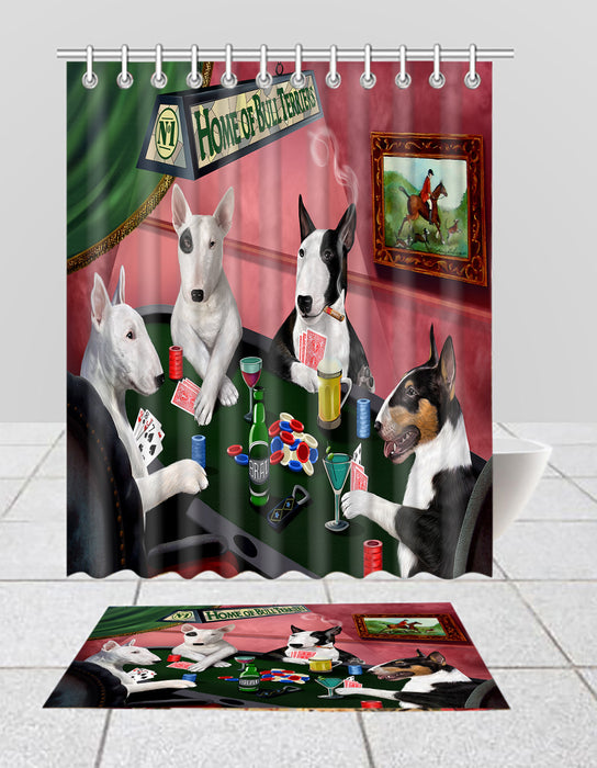 Home of  Bull Terrier Dogs Playing Poker Bath Mat and Shower Curtain Combo