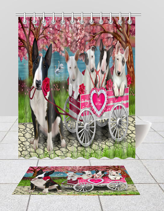 I Love Bull Terrier Dogs in a Cart Bath Mat and Shower Curtain Combo