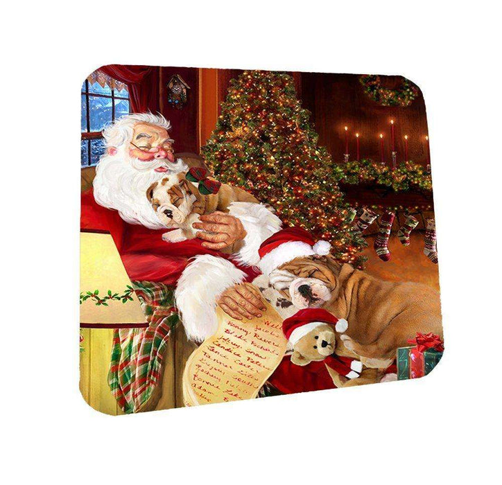 Bulldog Dog and Puppies Sleeping with Santa Coasters Set of 4