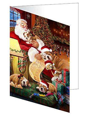 Bulldog Dog and Puppies Sleeping with Santa Handmade Artwork Assorted Pets Greeting Cards and Note Cards with Envelopes for All Occasions and Holiday Seasons