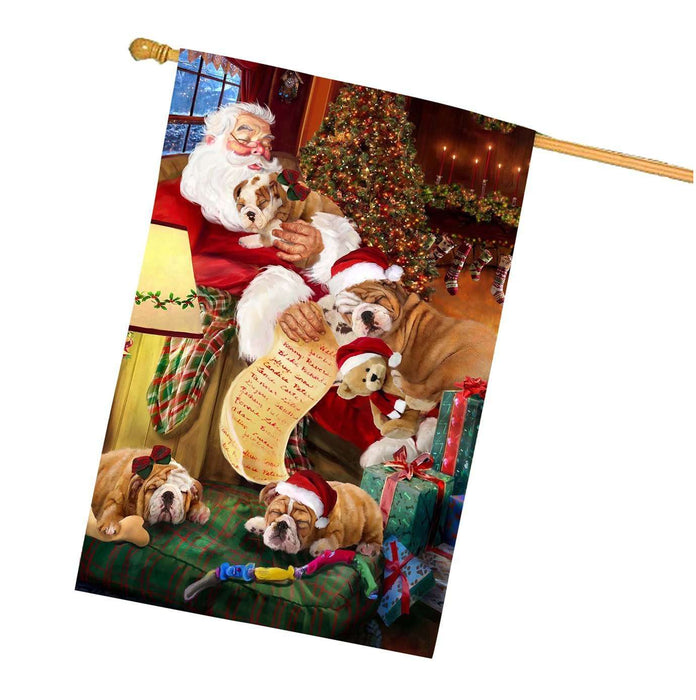 Bulldog Dog and Puppies Sleeping with Santa House Flag