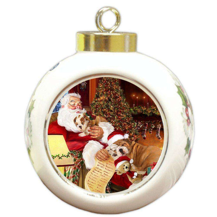 Bulldog Dog and Puppies Sleeping with Santa Round Ball Christmas Ornament D424