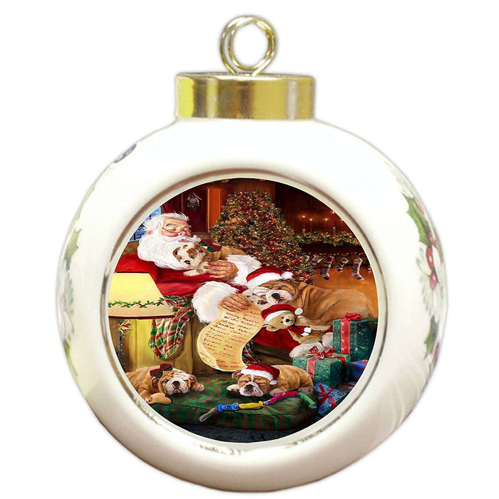 Bulldog Dog and Puppies Sleeping with Santa Round Ball Christmas Ornament