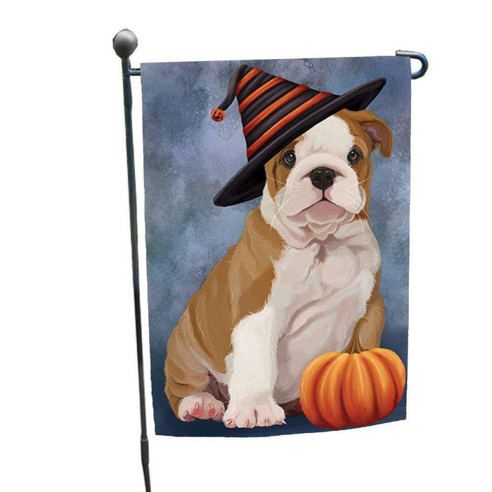 Bulldog Puppy Dog Wearing Witch Hat with Pumpkin Garden Flag