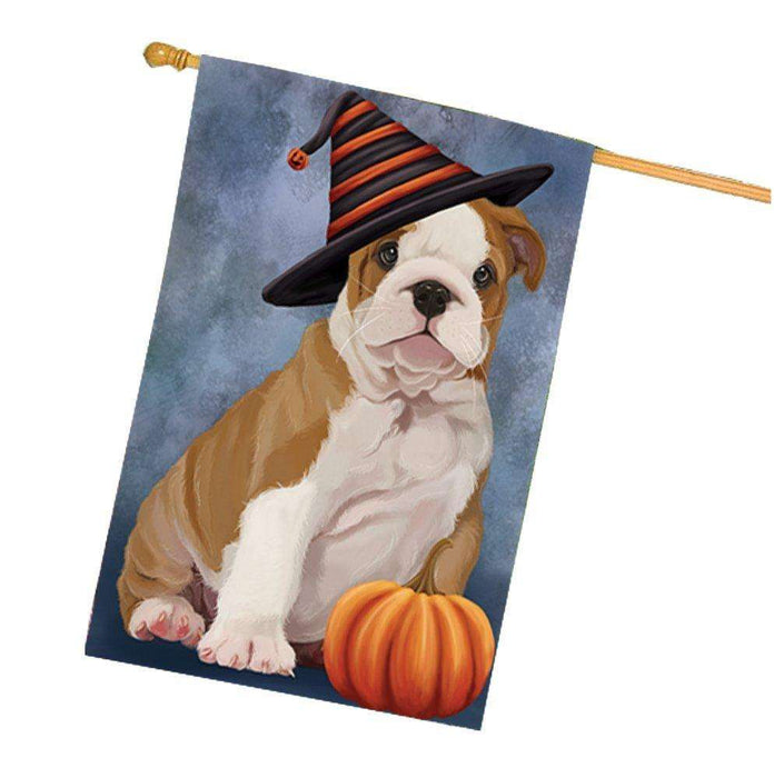 Bulldog Puppy Dog Wearing Witch Hat with Pumpkin House Flag