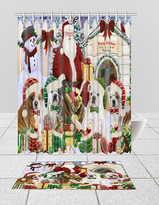 Happy Holidays Christmas Bulldog Dogs House Gathering Bath Mat and Shower Curtain Combo