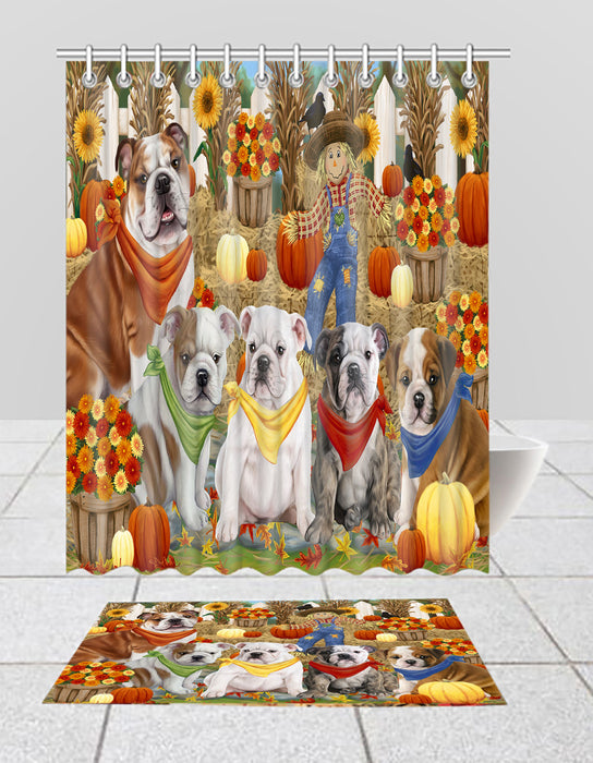 Fall Festive Harvest Time Gathering Bulldog Dogs Bath Mat and Shower Curtain Combo