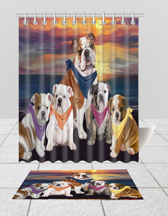Family Sunset Portrait Bulldog Dogs Bath Mat and Shower Curtain Combo