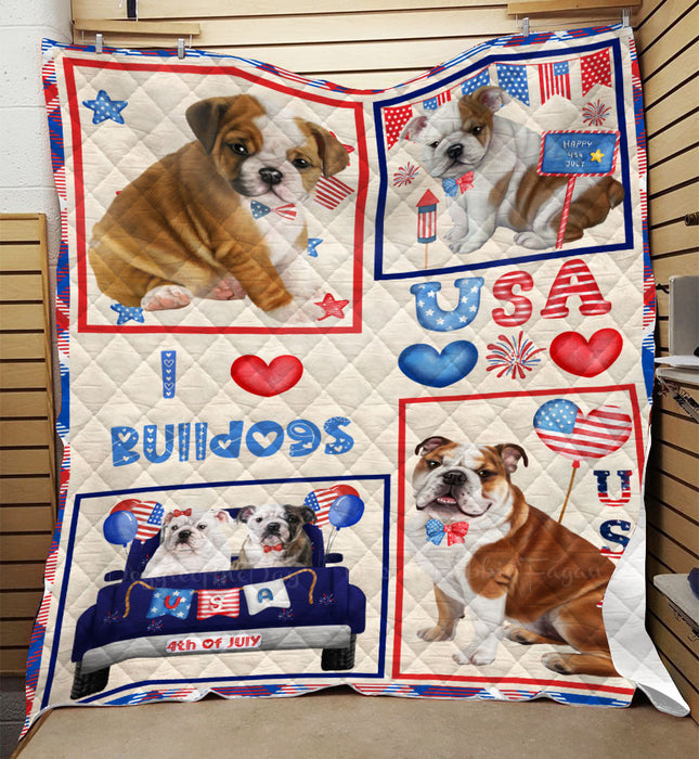 4th of July Independence Day I Love USA Bulldogs Quilt Bed Coverlet Bedspread - Pets Comforter Unique One-side Animal Printing - Soft Lightweight Durable Washable Polyester Quilt