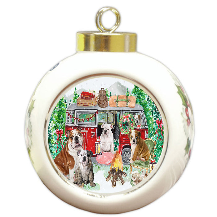 Christmas Time Camping with Bulldog Round Ball Christmas Ornament Pet Decorative Hanging Ornaments for Christmas X-mas Tree Decorations - 3" Round Ceramic Ornament