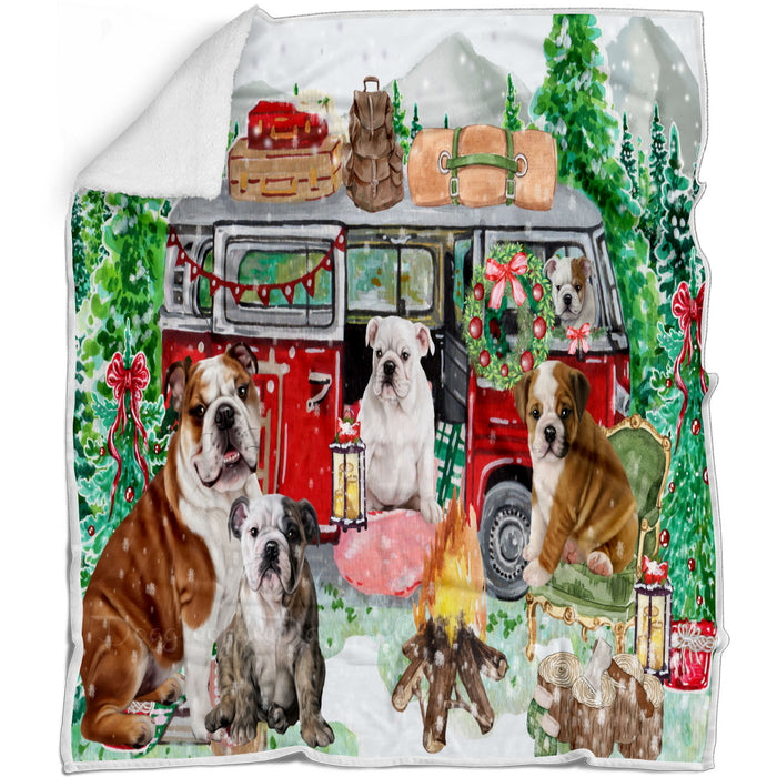 Christmas Time Camping with Bulldog Blanket - Lightweight Soft Cozy and Durable Bed Blanket - Animal Theme Fuzzy Blanket for Sofa Couch