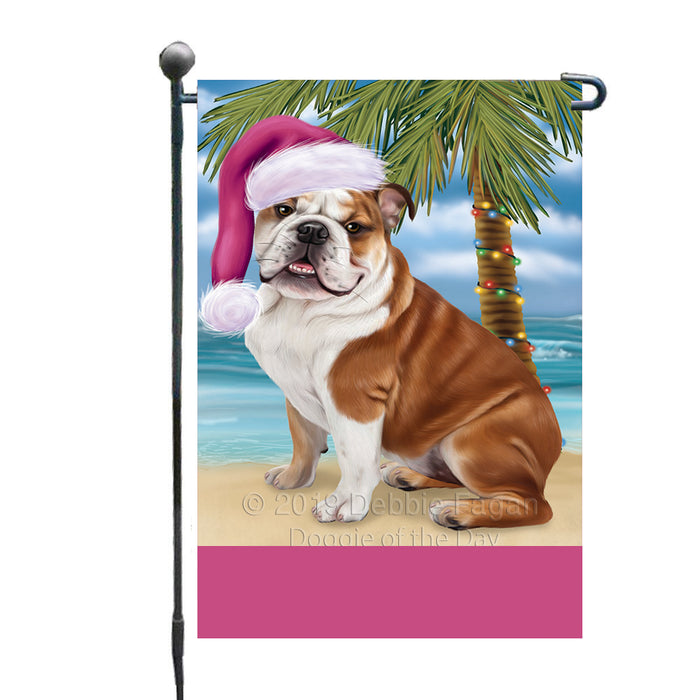 Personalized Summertime Happy Holidays Christmas Bulldog on Tropical Island Beach  Custom Garden Flags GFLG-DOTD-A60440