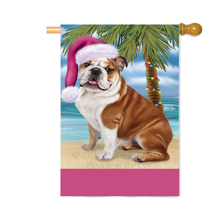 Personalized Summertime Happy Holidays Christmas Bulldog on Tropical Island Beach Custom House Flag FLG-DOTD-A60496