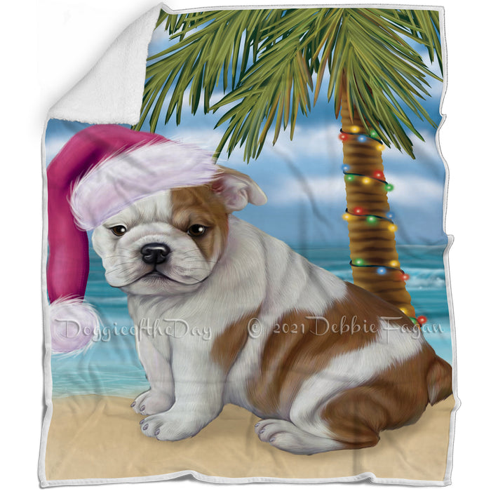 Summertime Happy Holidays Christmas Bulldog Dog on Tropical Island Beach Blanket