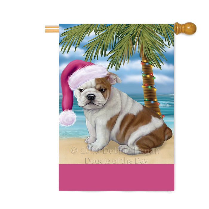 Personalized Summertime Happy Holidays Christmas Bulldog on Tropical Island Beach Custom House Flag FLG-DOTD-A60497