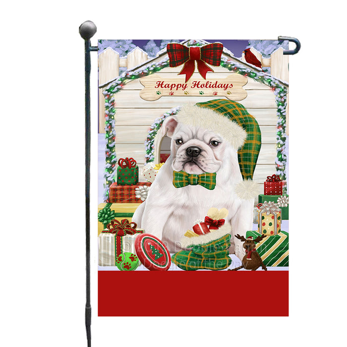 Personalized Happy Holidays Christmas Bulldog House with Presents Custom Garden Flags GFLG-DOTD-A59291