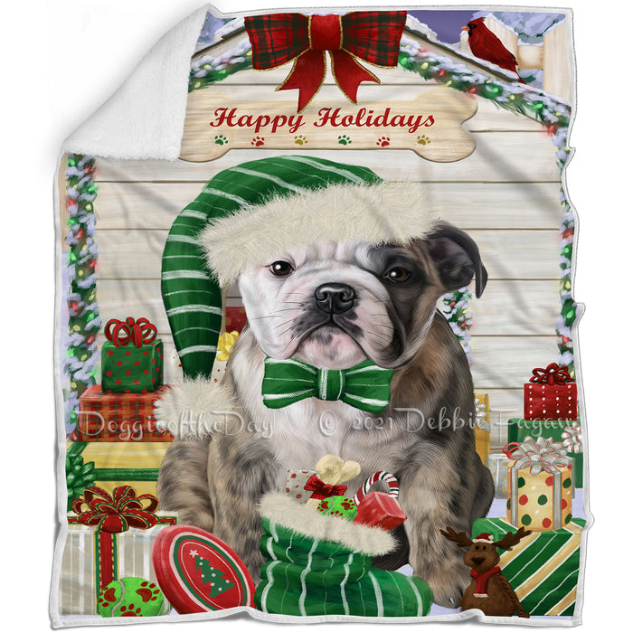Happy Holidays Christmas Bulldog House with Presents Blanket BLNKT78402