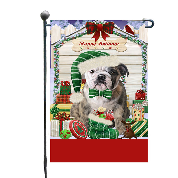 Personalized Happy Holidays Christmas Bulldog House with Presents Custom Garden Flags GFLG-DOTD-A59292