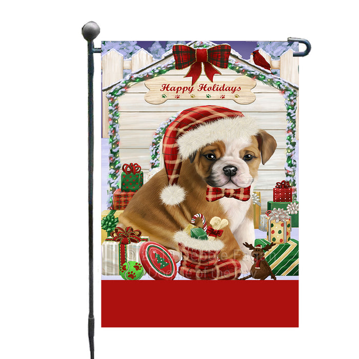 Personalized Happy Holidays Christmas Bulldog House with Presents Custom Garden Flags GFLG-DOTD-A59293