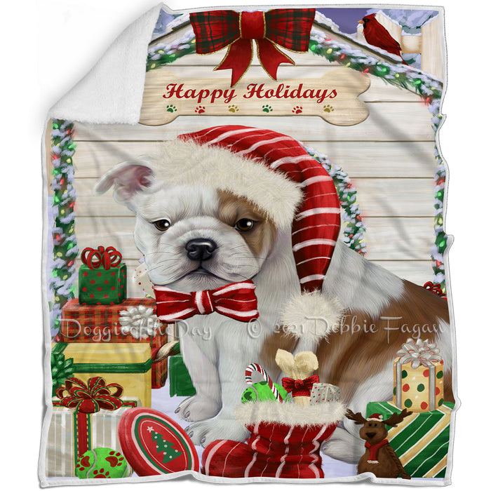 Happy Holidays Christmas Bulldog House with Presents Blanket BLNKT78420
