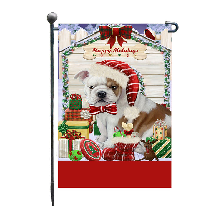 Personalized Happy Holidays Christmas Bulldog House with Presents Custom Garden Flags GFLG-DOTD-A59294