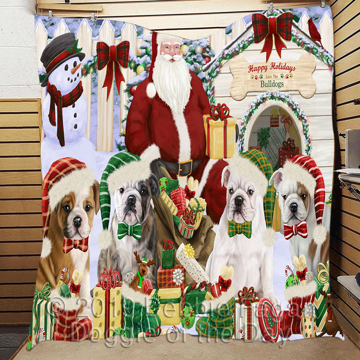 Happy Holidays Christmas Bulldog Dogs House Gathering Quilt