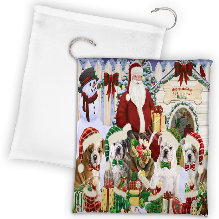 Happy Holidays Christmas Bulldogs House Gathering Drawstring Laundry or Gift Bag LGB48030