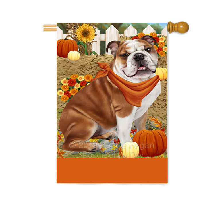 Personalized Fall Autumn Greeting Bulldog with Pumpkins Custom House Flag FLG-DOTD-A61904