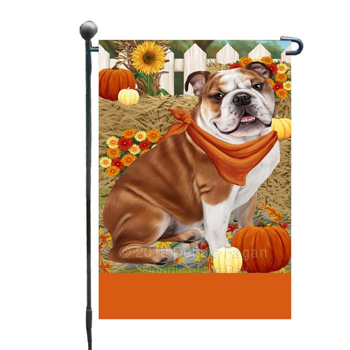 Personalized Fall Autumn Greeting Bulldog with Pumpkins Custom Garden Flags GFLG-DOTD-A61848