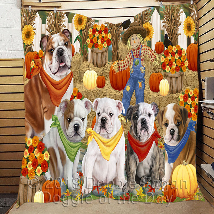 Fall Festive Harvest Time Gathering Bulldog Dogs Quilt