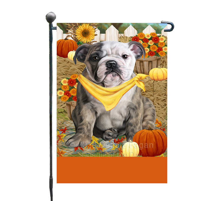 Personalized Fall Autumn Greeting Bulldog with Pumpkins Custom Garden Flags GFLG-DOTD-A61850