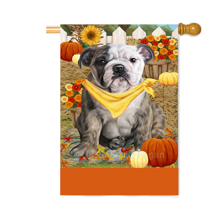Personalized Fall Autumn Greeting Bulldog with Pumpkins Custom House Flag FLG-DOTD-A61906
